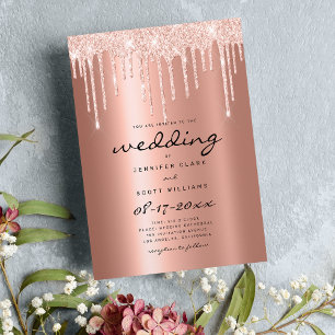 Blush rose gold glitter drips script glam wedding  invitation