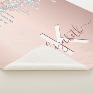 Blush rose gold glitter drips silver sherpa blanket