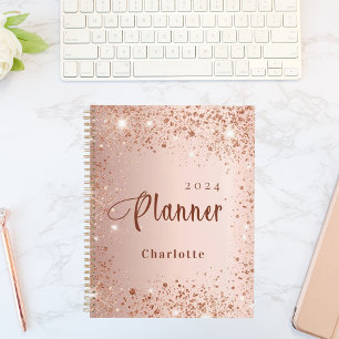 Blush rose gold glitter dust monogram name 2023 planner
