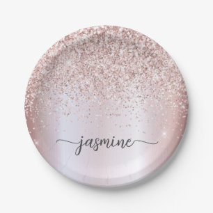 Blush Rose Gold Glitter Girly Monogram Name Script Paper Plate