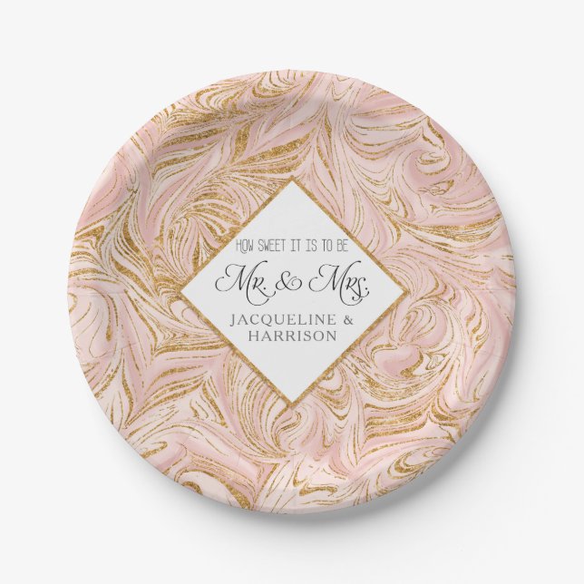 Blush Rose Gold Glitter Marble Wedding Reception Paper Plate (Front)