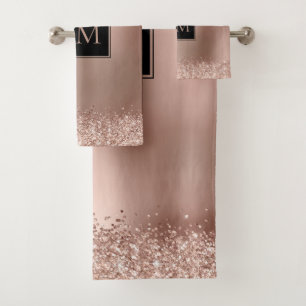 Blush Rose Gold Glitter Metallic Monogram Bath Towel Set