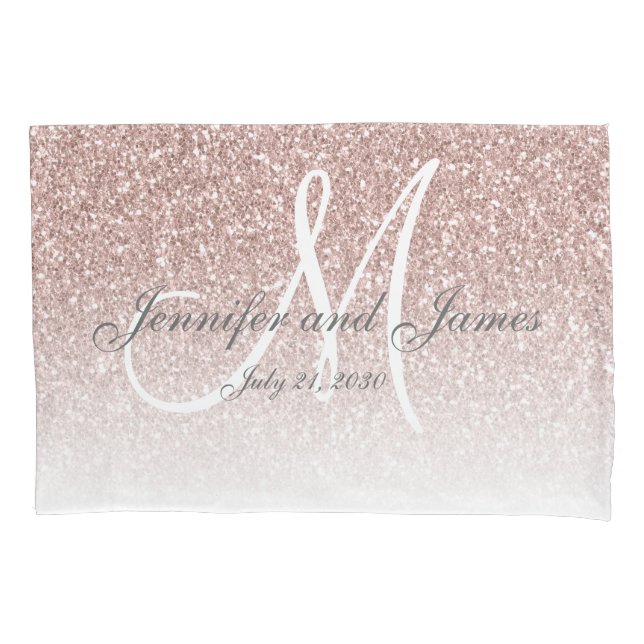 Blush Rose Gold Glitter Monogram Newlywed Wedding Pillowcase (Front)