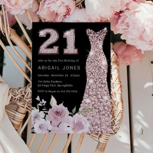 Blush & Rose Gold Gown 21st Birthday Party Invitation