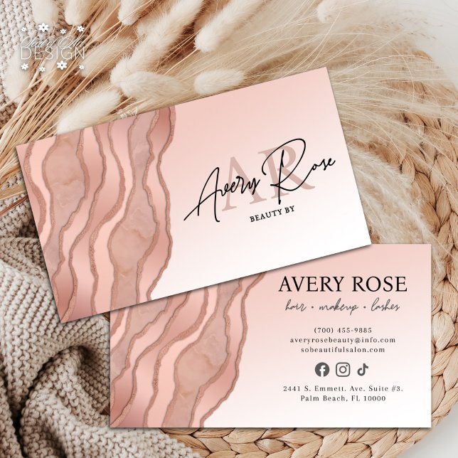Blush Rose Gold Marble Agate Cosmetologist Beauty Business Card (Creator Uploaded)
