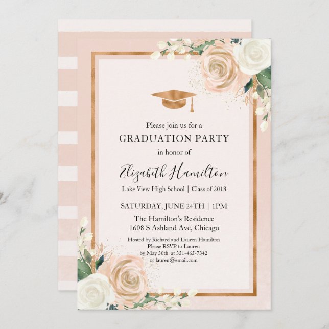 Blush & Rose Gold Modern Floral Graduation Party Invitation (Front/Back)