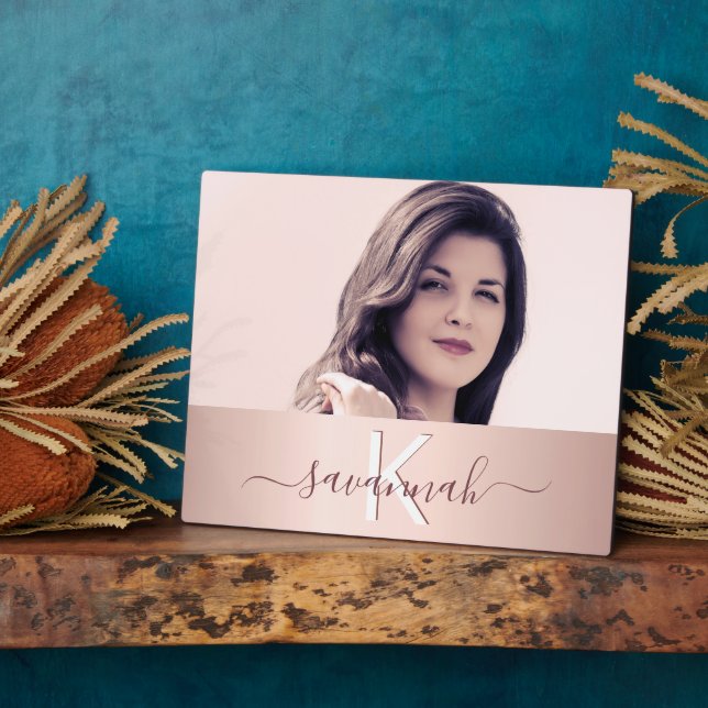 Blush rose gold monogram name photo plaque (Side)