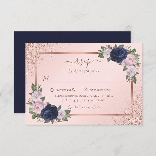  Blush Rose Gold Navy Blue Floral Wedding Meal RSVP Card (Front/Back)