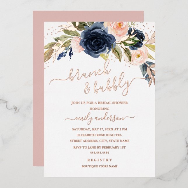 Blush Rose Gold Navy Brunch And Bubbly Bridal (Front/Back)
