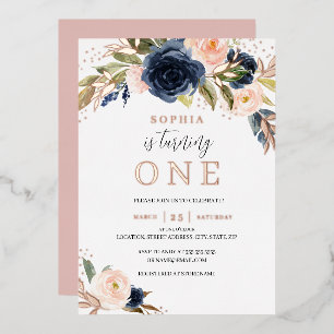 Blush Rose Gold Navy Floral Girl 1st Birthday