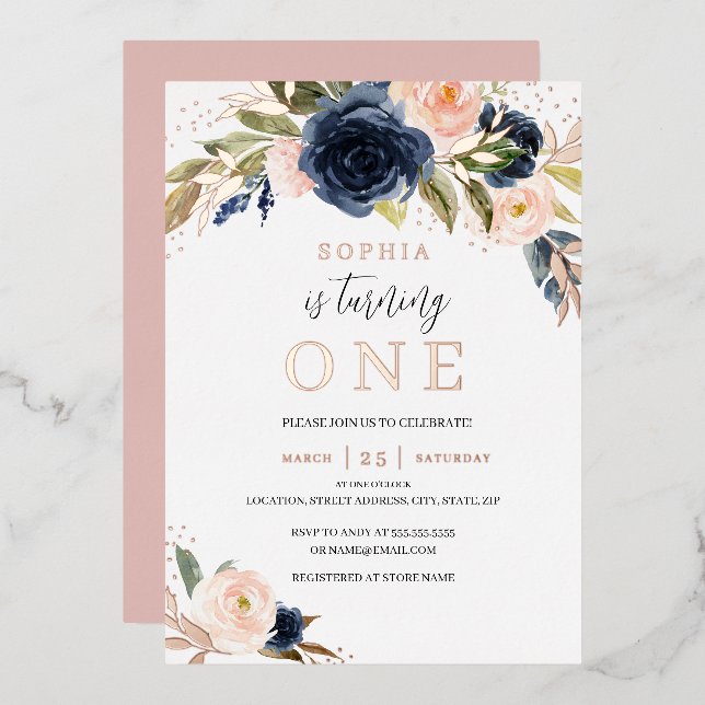 Blush Rose Gold Navy Floral Girl 1st Birthday (Front/Back)
