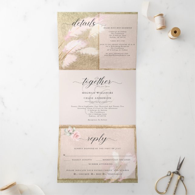 Blush Rose Gold Pampas Grass Tri-Fold Invitation (Inside)