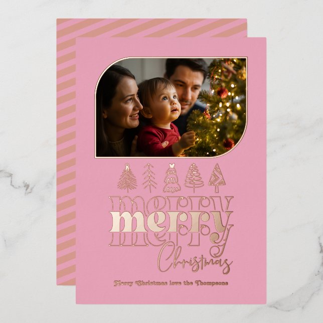 Blush & Rose Gold Retro Doodle Christmas Photo Foil Holiday Card (Front/Back)