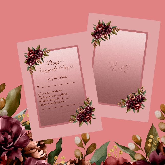 Blush Rose Gold Script - Burgundy floral wedding RSVP Card (Creator Uploaded)
