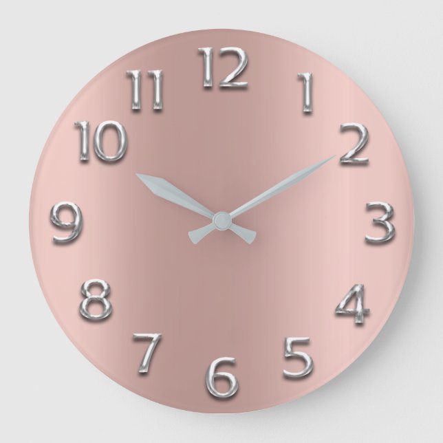 Blush Rose Gold Silver Grey Metallic Arabic Number Large Clock (Front)