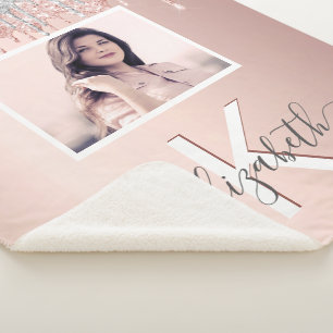 Blush rose gold silver photo monogram sherpa blanket
