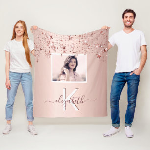 Blush rose gold stars monogram photo fleece blanket