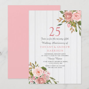 Blush Rose Gold White 25th Wedding Anniversary Invitation