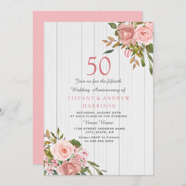 Blush Rose Gold White 50th Wedding Anniversary Invitation (Front/Back)