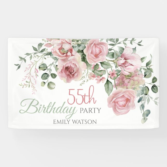 Blush Rose Greenery Eucalypt 55th Birthday Banner (Horizontal)