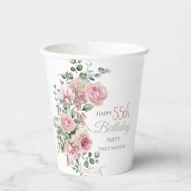 Blush Rose Greenery Eucalypt 55th Birthday Paper Cups (Front)