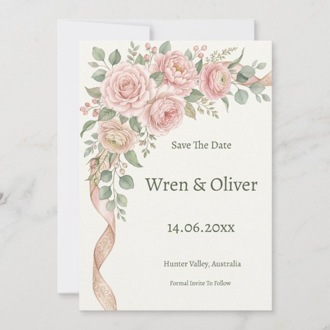 Blush Rose Greenery Save the Date Card (Front)