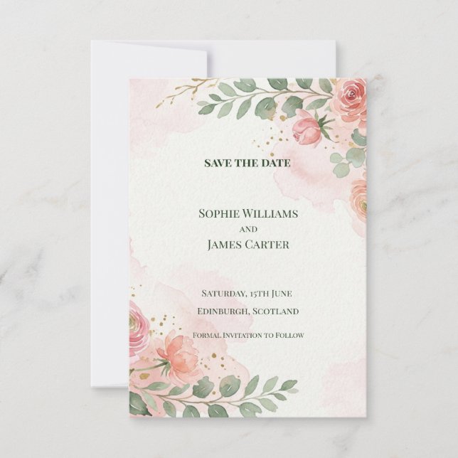 Blush Rose Greenery Save The Date Card (Front)