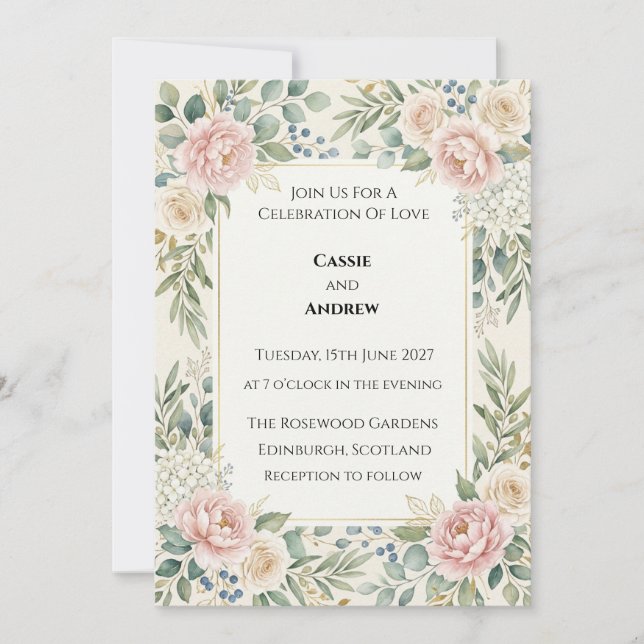 Blush Rose Greenery Wedding Invitation (Front)