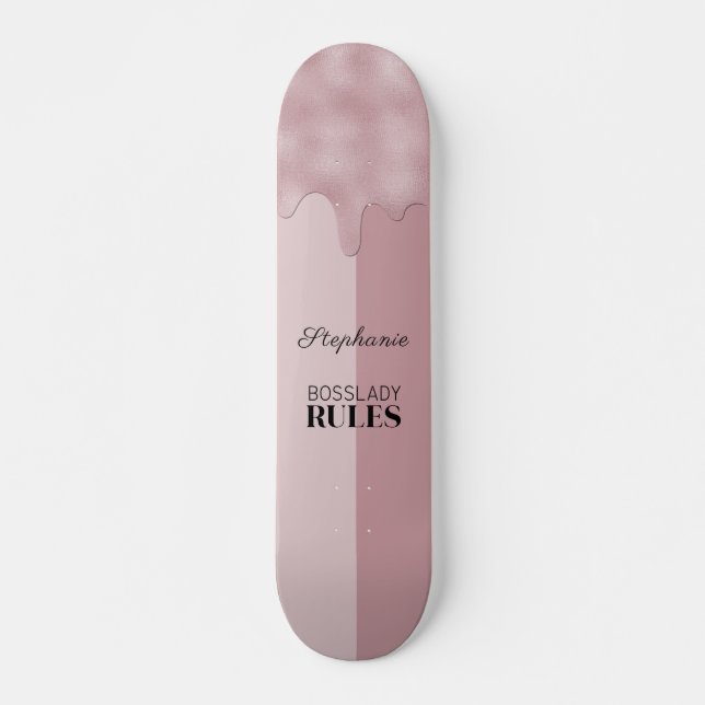 Blush Rose Metallic Drips Logo Personalised Skateboard (Front)