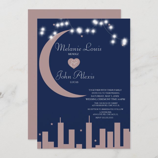 Blush Rose Navy Nightime Skyline Wedding Invitation (Front/Back)