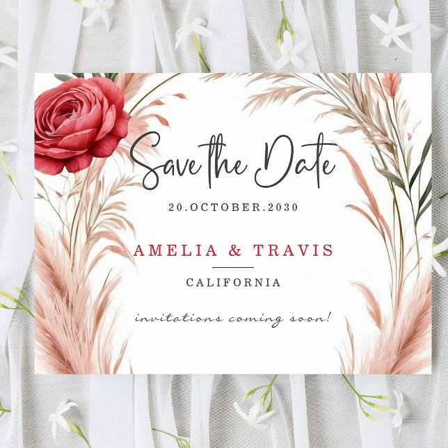 Blush Rose Pampas Grass Wedding Save the Date Card (Creator Uploaded)