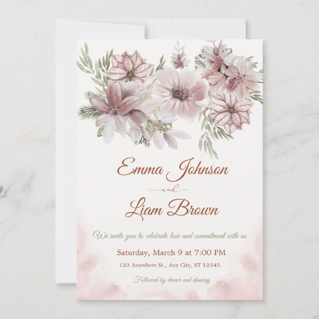 Blush Rose & Peach Floral Wedding Invitation (Front)