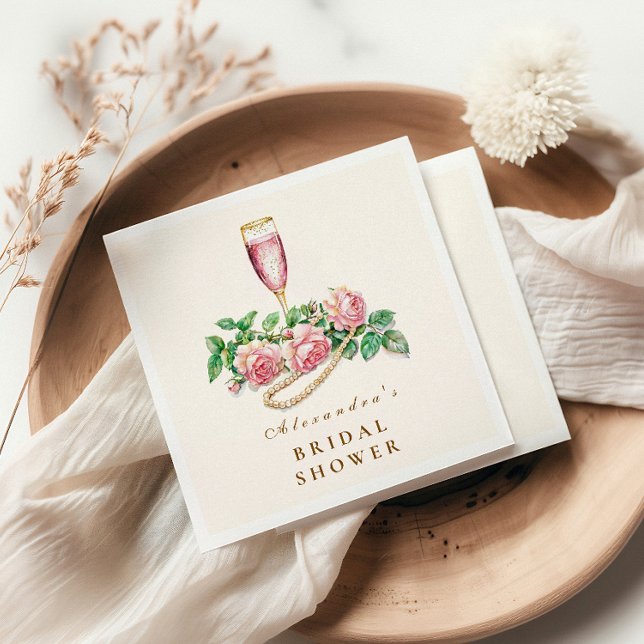 Blush Rose Pearls and Prosecco Bridal Shower Napkin (Creator Uploaded)