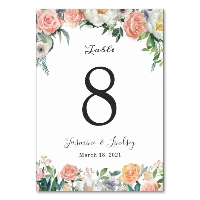 Blush Rose Peony Wedding Table Number (Front)