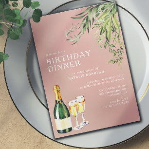 Blush Rose Pink   Champagne Garden Birthday Dinner Invitation