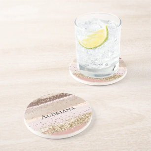 Blush Rose Pink Chocolate Gold Glitter Birthday Coaster