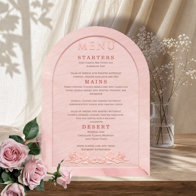Blush Rose Pink Embossed Arch Wedding Menu Invitation (Creator Uploaded)