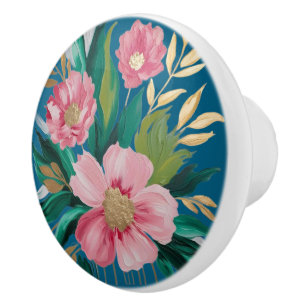 Blush & Rose Pink Florals with Gold Accents  Ceramic Knob