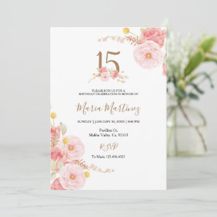 Blush Rose Pink Flowers 15th Birthday  Invitation