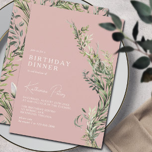 Blush Rose Pink Greenery Elegant Birthday Dinner Invitation