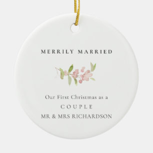BLUSH ROSE PINK MINIMAL CUSTOM MERRILY MARRIED CERAMIC ORNAMENT