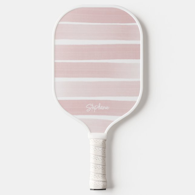 Blush Rose Pink Painted Stripes Custom Text Pickleball Paddle (Front)
