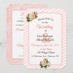 Blush Rose Pink Striped Floral Wedding Invitation