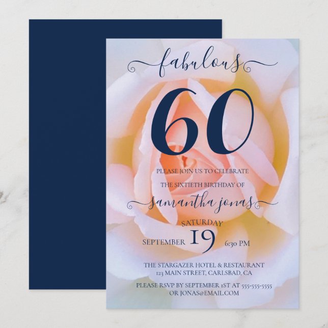 Blush rose pink white 60th birthday party invitation (Front/Back)