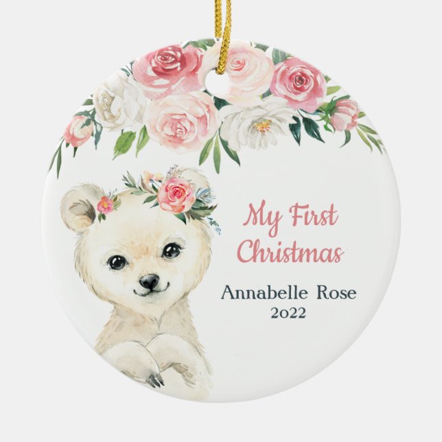 Blush Rose Polar Bear Baby's 1st First Christmas Ceramic Ornament (Front)