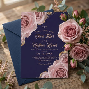 Blush Rose & Royal Blue Elegant Modern Wedding Invitation