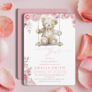 Blush Rose Rustic Swing Bear Girl Shower Invitation