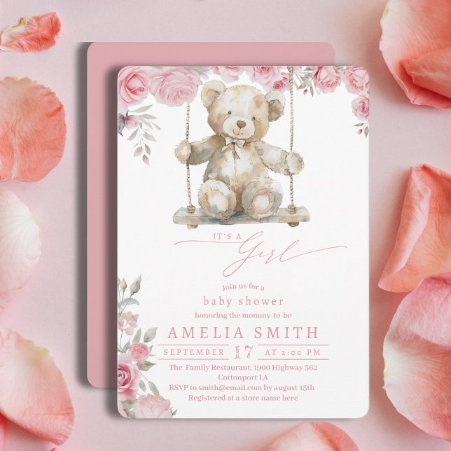 Blush Rose Rustic Swing Bear Girl Shower Invitation (Creator Uploaded)