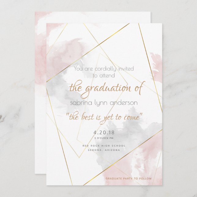Blush Rose Silver Watercolor Geometric Graduation Invitation (Front/Back)