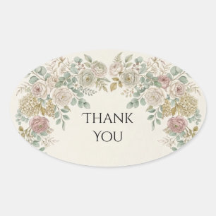 Blush Rose Vintage Floral Wedding Thank You Oval Sticker